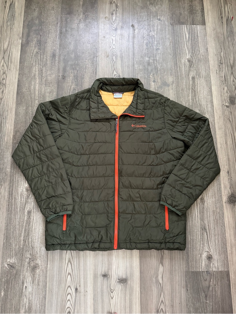 Columbia Men's Olive Green Insulated Puffer Jacket with Orange Accents